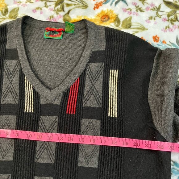 Vintage Boston Trader Sweater Mens L Grandpa Merino Wool Blend Geometric Vneck - Picture 5 of 6